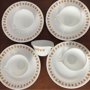 4 rare shiny pasta Corelle Butterfly Gold bowls, hook cups and creamer hook cup.